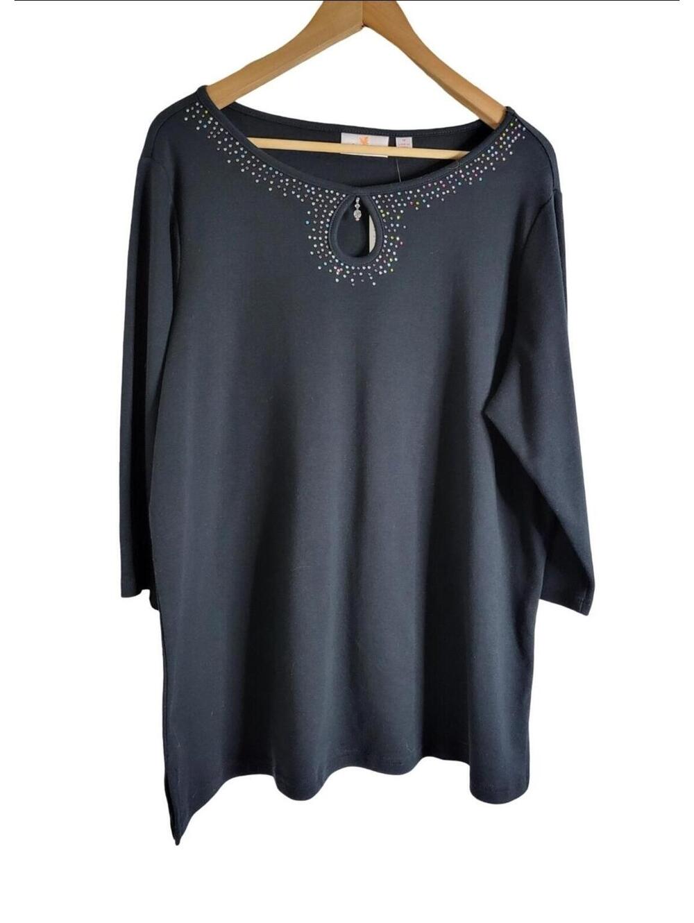 Quacker Factory Black 3/4 Sleeve Top Multi-colored Rhinestone Embellishment 1X